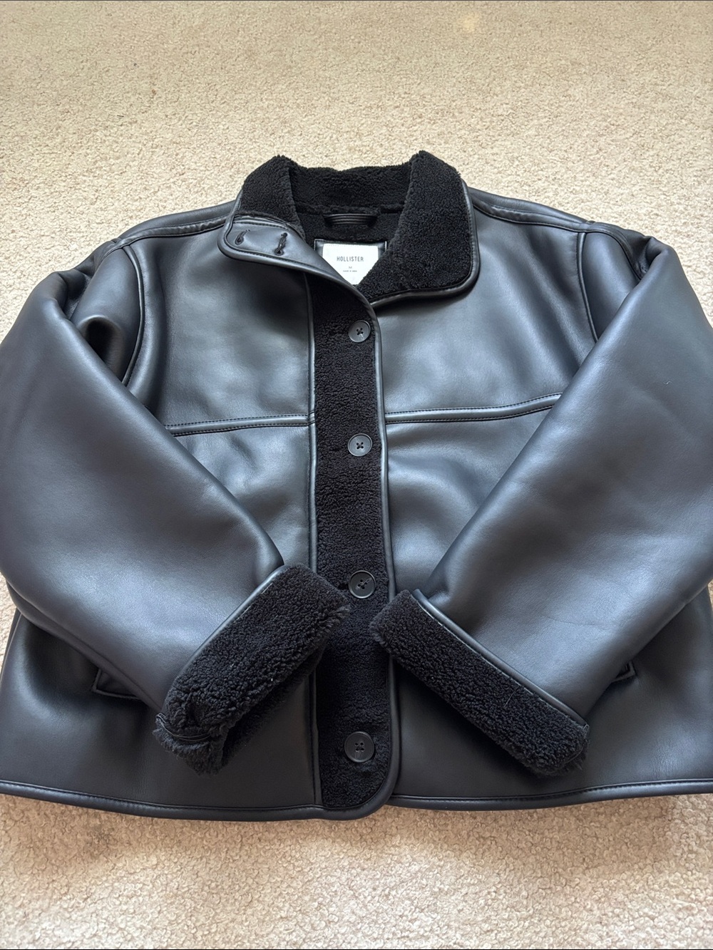 Women's Black Faux Leather Sherpa Jacket
